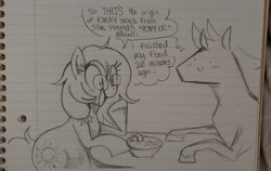Size: 2309x1456 | Tagged: safe, artist:yidwags, oc, oc only, oc:japanon, oc:sun showers, date, date night, dialogue, food, lined paper, noodles, ramen, traditional art