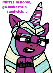 Size: 550x760 | Tagged: safe, artist:jadeharmony, opaline arcana, alicorn, pony, g5, spoiler:g5, spoiler:my little pony: make your mark, bored, eyeshadow, female, food, implied misty brightdawn, makeup, mare, markings, raised hoof, sandwich, simple background, solo, transparent background