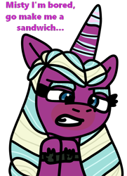 Size: 550x760 | Tagged: safe, artist:jadeharmony, opaline arcana, alicorn, pony, g5, my little pony: make your mark, spoiler:g5, bored, eyeshadow, female, food, implied misty brightdawn, makeup, mare, markings, raised hoof, sandwich, simple background, solo, transparent background