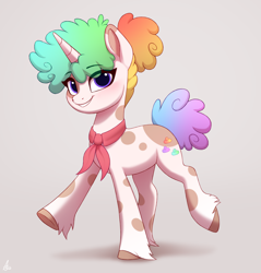 Size: 3584x3752 | Tagged: safe, artist:luminousdazzle, oc, oc only, oc:rainbow clouds, pony, unicorn, curly hair, female, fluffy mane, grin, high res, mare, markings, neckerchief, simple background, smiling, solo, spots, unshorn fetlocks