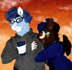 Size: 1857x1803 | Tagged: safe, artist:inisealga, oc, oc only, oc:cherry fuse, oc:soaring spirit, pegasus, succubus, succubus pony, anthro, boyfriend and girlfriend, chin fluff, clothes, coat markings, cup, duo, duo male and female, facial markings, female, folded wings, hoodie, male, mare, markings, multicolored hair, multicolored mane, oc x oc, shipping, socks (coat markings), stallion, succubus oc, wings