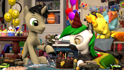 Size: 2920x1642 | Tagged: safe, artist:morozovbrony, rainbow dash, spitfire, oc, oc:dagger strike, oc:morozov, oc:nightmare crystal, oc:sergey world, alicorn, bat pony, pegasus, pony, robot, unicorn, g4, 3d, brdm, cake, canon x oc, computer, cookie, cupcake, ed-209, food, grenade, happy birthday, hat, jar, jet, jet fighter, lada vesta, laptop computer, medkit, pkm, present, princess luna statue, russia, russian flag, source filmmaker, tank t-90, watch