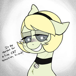 Size: 2000x2000 | Tagged: safe, artist:mclovin, oc, oc:tilly vision, earth pony, pony, collar, female, headband, high res, lidded eyes, looking at you, mare, smiling, smiling at you, static, text