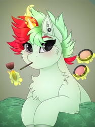 Size: 3000x4000 | Tagged: safe, artist:chromatic-sheen, oc, oc only, pony, unicorn, cheek fluff, chest fluff, ear piercing, female, horn, magic, magic aura, makeup, mare, pencil, piercing, simple background, solo, unicorn oc