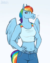 Size: 1026x1280 | Tagged: safe, artist:jenery, rainbow dash, pegasus, anthro, g4, belly button, breasts, clothes, denim, equine, female, hoers, jeans, midriff, pants, reasonably sized breasts, simple background, solo, tank top, white background