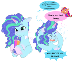Size: 2220x1868 | Tagged: safe, artist:aztrial, misty brightdawn, sunny starscout, earth pony, pony, unicorn, g5, brain freeze, crying, cute, dialogue, drinking, duo, eyes closed, female, freckles, funny, literal minded, mare, open mouth, question mark, speech bubble, tears of pain, teary eyes