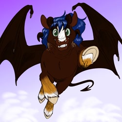 Size: 700x700 | Tagged: safe, artist:foxenawolf, oc, oc only, oc:cherry fuse, pony, succubus, succubus pony, bat wings, cloud, coat markings, devil tail, facial markings, female, flying, mare, markings, outdoors, sky, socks (coat markings), solo, succubus oc, tail, unshorn fetlocks, wings
