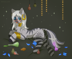 Size: 1998x1644 | Tagged: safe, artist:belkaart0w0, zecora, zebra, g4, :p, alternate hairstyle, blushing, chest fluff, clothes, cute, ear piercing, earring, female, jewelry, neck rings, piercing, poison joke, potion, socks, solo, striped socks, tongue out, zecorable