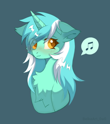 Size: 1566x1767 | Tagged: safe, artist:belkaart0w0, lyra heartstrings, pony, unicorn, g4, blue background, blushing, chest fluff, cute, female, lyrabetes, mare, music notes, simple background, solo, speech bubble