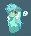 Size: 1566x1767 | Tagged: safe, artist:belkaart0w0, lyra heartstrings, pony, unicorn, blue background, blushing, chest fluff, cute, female, lyrabetes, mare, music notes, simple background, solo, speech bubble