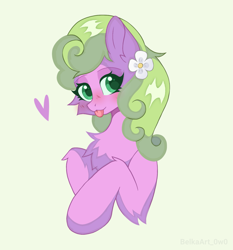 Size: 1493x1605 | Tagged: safe, artist:belkaart0w0, daisy, flower wishes, earth pony, pony, g4, :p, bedroom eyes, blushing, chest fluff, cute, daisybetes, female, flower, flower in hair, green background, heart, mare, simple background, solo, tongue out