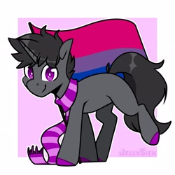 Size: 2894x2894 | Tagged: safe, artist:jellysketch, oc, oc only, oc:2tense, pony, unicorn, bisexual pride flag, clothes, colored hooves, high res, pride, pride flag, scarf, signature, solo, striped scarf
