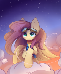 Size: 1700x2050 | Tagged: safe, artist:miryelis, fluttershy, pegasus, pony, g4, clothes, flying, goggles, goggles on head, gradient background, long hair, sad, sky, solo, stars, uniform, wind, wings, wonderbolts uniform, wondershy