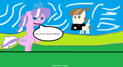 Size: 1205x655 | Tagged: safe, artist:coltfan97, diamond tiara, featherweight, earth pony, pegasus, pony, g4, 1000 hours in ms paint, camera, comic sans, looking at you, modeling