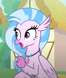 Size: 561x665 | Tagged: safe, screencap, silverstream, classical hippogriff, hippogriff, g4, uprooted, cropped, cute, diastreamies, female, jewelry, necklace, open mouth, open smile, smiling, solo