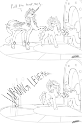 Size: 2000x3000 | Tagged: safe, artist:notsosmartsmarty, misty brightdawn, opaline arcana, alicorn, pony, unicorn, g5, my little pony: make your mark, spoiler:g5, spoiler:my little pony: make your mark, 2 panel comic, black and white, comic, duo, duo female, ears back, falling, female, grayscale, high res, lever, mare, monochrome, pull the lever kronk!, raised hoof, raised leg, reference to another series, screaming, simple background, smiling, text, the emperor's new groove, white background, worried