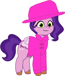 Size: 634x744 | Tagged: safe, artist:kookaman25, artist:stevenpepi, pipp petals, pegasus, pony, g5, idw, my little pony: tell your tale, spoiler:comic, spoiler:g5comic, spoiler:g5comic05, clothes, coat, hat, raincoat, rainhat, simple background, solo, white background