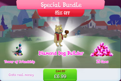 Size: 1270x853 | Tagged: safe, gameloft, basher, diamond dog, g4, idw, my little pony: magic princess, bridge, bundle, bush, choker, clothes, collar, costs real money, dog collar, english, gem, hammer, idw showified, male, pocket, sale, solo, solo focus, text, tower, vest, yellow eyes