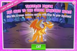 Size: 1964x1300 | Tagged: safe, gameloft, billy, dragon, g4, my little pony: magic princess, advertisement, background dragon, claws, english, male, sharp teeth, solo, spikes, spread wings, tail, teenaged dragon, teeth, text, wings