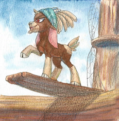 Size: 1280x1307 | Tagged: safe, artist:tigra0118, shanty (tfh), goat, them's fightin' herds, cloven hooves, colored pencil drawing, community related, female, mast, pirate, pirate ship, plank, raised hoof, ship, sky, solo, traditional art, watercolor painting