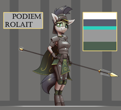 Size: 4401x3972 | Tagged: safe, artist:deafjaeger, oc, oc:podiem rolait, anthro, armor, concept art, looking at you, smiling, smiling at you, solo, spear, visor, weapon