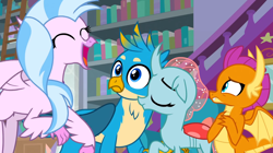 Size: 1600x899 | Tagged: safe, screencap, gallus, ocellus, silverstream, smolder, changedling, changeling, classical hippogriff, dragon, griffon, hippogriff, g4, school raze, bookshelf, dragoness, eyes closed, female, group, ladder, male, open mouth, quartet, school of friendship