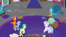 Size: 1600x898 | Tagged: safe, screencap, gallus, ocellus, sandbar, silverstream, smolder, yona, changedling, changeling, classical hippogriff, dragon, earth pony, griffon, hippogriff, pony, yak, g4, my little pony: friendship is magic, school raze, butt, cloven hooves, colored hooves, dragoness, female, male, plot, school of friendship, spread wings, student six, wings