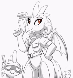 Size: 2609x2788 | Tagged: safe, artist:pabbley, princess ember, spike, dragon, g4, april o'neil, camera, clothes, cosplay, costume, donatello, dragoness, duo, female, grayscale, hand on hip, high res, jumpsuit, looking at you, male, mask, monochrome, partial color, simple background, smiling, smiling at you, teenage mutant ninja turtles, white background