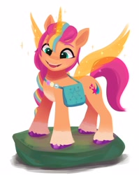 Size: 2413x3037 | Tagged: safe, alternate version, artist:maren, sunny starscout, alicorn, pony, g5, my little pony: a new generation, bag, cute, female, figurine, high res, mane stripe sunny, mare, markings, open mouth, race swap, simple background, solo, sunnybetes, sunnycorn, unshorn fetlocks, white background