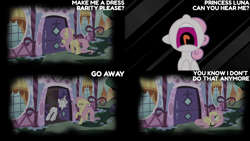 Size: 4400x2475 | Tagged: safe, edit, edited screencap, editor:quoterific, screencap, fluttershy, rarity, sweetie belle, pegasus, pony, unicorn, for whom the sweetie belle toils, g4, season 4, carousel boutique, dream sequence, female, filly, foal, mare