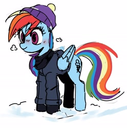 Size: 1881x1898 | Tagged: safe, artist:_ton618_, rainbow dash, pegasus, pony, blushing, breath, clothes, coat, cute, dashabetes, female, hat, mare, simple background, smiling, snow, solo, white background, winter outfit