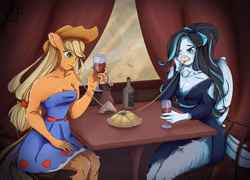 Size: 1280x923 | Tagged: safe, artist:ritios, applejack, oc, oc:bubi, bird, earth pony, anthro, g4, alcohol, anthro oc, applejack's hat, bare shoulders, bottle, breasts, canon x oc, cleavage, clothes, cowboy hat, date, dinner, dress, female, food, glass, hat, lesbian, pasta, sitting, sleeveless, spaghetti, strapless, table, wine, wine bottle, wine glass