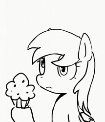 Size: 617x719 | Tagged: safe, artist:maren, derpy hooves, pegasus, pony, g4, 2013, bust, doodle, female, food, holding, mare, muffin, old art, sitting, solo