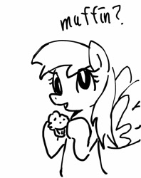 Size: 800x1009 | Tagged: safe, artist:maren, derpy hooves, pegasus, pony, g4, 2013, bipedal, bust, dialogue, doodle, female, food, hoof hold, mare, muffin, old art, smiling, solo, spread wings, wings