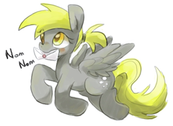 Size: 600x437 | Tagged: safe, artist:maren, derpy hooves, pegasus, pony, g4, 2013, alternate hairstyle, blushing, doodle, female, flying, mail, mare, mouth hold, nom, old art, ponytail, simple background, solo, white background