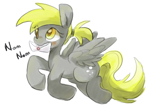 Size: 600x437 | Tagged: safe, artist:maren, derpy hooves, pegasus, pony, alternate hairstyle, blushing, doodle, female, flying, mail, mare, mouth hold, nom, ponytail, simple background, solo, white background