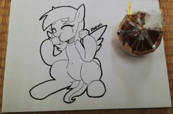 Size: 1340x887 | Tagged: safe, artist:maren, derpy hooves, pegasus, pony, g4, 2019, belly, belly button, crying, doodle, eating, eyes closed, female, food, holding, mare, muffin, old art, sitting, solo, tears of joy, traditional art