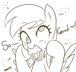 Size: 1614x1520 | Tagged: safe, artist:maren, derpy hooves, pegasus, pony, g4, 2020, blushing, bust, dialogue, doodle, female, food, hooves on cheeks, mare, mouth hold, muffin, old art, solo, spread wings, that pony sure does love muffins, wings