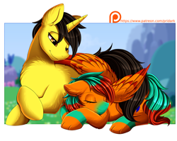 Size: 3569x2841 | Tagged: safe, artist:pridark, oc, oc only, unnamed oc, pegasus, pony, unicorn, duo, duo male and female, eyebrows, eyes closed, female, folded wings, high res, horn, lying down, male, mare, pegasus oc, prone, signature, smiling, stallion, unicorn oc, wings