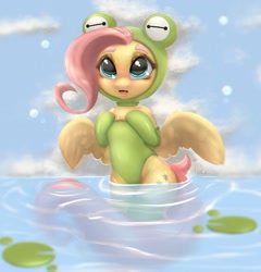 Size: 964x1003 | Tagged: safe, artist:inkypuso, fluttershy, frog, pegasus, pony, g4, animal costume, bipedal, blushing, clothes, costume, cute, daaaaaaaaaaaw, female, frog costume, green swimsuit, legs in the water, lilypad, looking at you, mare, one-piece swimsuit, open mouth, open smile, shyabetes, smiling, smiling at you, solo, swimsuit