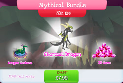 Size: 1267x861 | Tagged: safe, gameloft, baff, dragon, g4, my little pony: magic princess, background dragon, bundle, claws, clothes, costs real money, costume, dragon costume, english, gem, male, mythical bundle, numbers, orange eyes, sale, sharp teeth, solo, spikes, spread wings, tail, teenaged dragon, teeth, text, wings