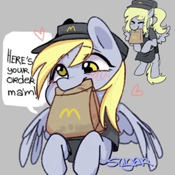 Size: 1000x1000 | Tagged: safe, artist:sugarpersonlove, derpy hooves, pegasus, pony, bag, blushing, clothes, cute, derpabetes, female, floating heart, gray background, happy, hat, heart, mare, mcdonald's, mouth hold, paper bag, simple background, smiling, solo, speech, speech bubble, spread wings, standing on two hooves, talking, uniform, wings, working