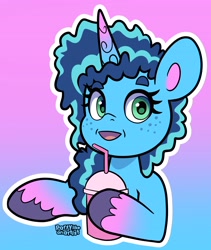 Size: 3245x3845 | Tagged: safe, artist:partypievt, misty brightdawn, pony, unicorn, g5, drink, female, gradient background, high res, hoof hold, looking at you, mare, open mouth, open smile, outline, signature, smiling, smiling at you, smoothie, that pony sure does love smoothies