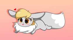 Size: 4294x2364 | Tagged: safe, artist:kittyrosie, part of a set, derpy hooves, eevee, g4, blushing, cute, cuteness overload, derpabetes, female, gradient background, heart, high res, kittyrosie is trying to murder us, lying down, pokefied, pokémon, signature, simple background, solo, sweet dreams fuel, tongue out