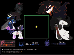 Size: 640x480 | Tagged: safe, artist:brainiac, oc, oc:hat trick, oc:nein, oc:silent echoes, oc:the dark star, oc:tin foil, earth pony, minotaur, unicorn, fallout equestria, animated, crossover, deltarune, evil entity, fallout equestria:all things unequal (pathfinder), female, game reference, male, mare, pixel art