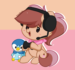 Size: 2773x2599 | Tagged: safe, artist:kittyrosie, oc, oc only, earth pony, pegasus, piplup, pony, commission, cute, headphones, ocbetes, plushie, pokémon, simple background
