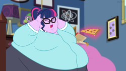 Size: 2560x1440 | Tagged: safe, artist:neongothic, sci-twi, spike, twilight sparkle, dog, equestria girls, bbw, belly, big belly, bingo wings, breasts, busty sci-twi, chubby cheeks, double chin, fat, fat boobs, fat fetish, female, fetish, food, glasses, huge belly, impossibly large belly, magic, meme, morbidly obese, obese, pizza, ponytail, sci-twilard, solo, spike the dog, ssbbw, telekinesis, twilard sparkle, weight gain