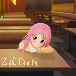 Size: 1425x1425 | Tagged: safe, artist:bonxy, artist:nikoderuiz, fluttershy, human, g4, album cover, clothes, diner, female, frown, humanized, solo, sweater, table