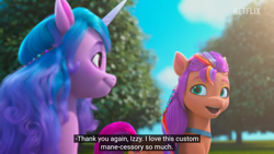 Size: 1366x768 | Tagged: safe, edit, edited screencap, screencap, izzy moonbow, sunny starscout, earth pony, pony, unicorn, g5, izzy does it, my little pony: make your mark, my little pony: make your mark chapter 2, caption, female, logo, mare, meme, netflix, netflix logo, outdoors, text, youtube caption