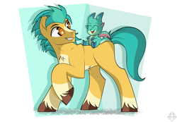 Size: 3200x2220 | Tagged: safe, artist:ectttan, hitch trailblazer, sparky sparkeroni, dragon, earth pony, pony, g5, my little pony: a new generation, baby, baby dragon, brown eyes, cute, dragons riding ponies, eyes closed, father and child, father and son, happy, high res, male, papa hitch, riding, shadow, simple background, smiling, sparky riding hitch trailblazer, stallion